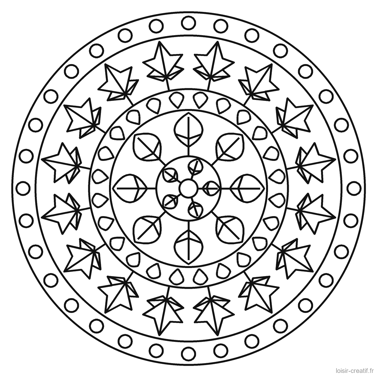 Des mandalas d'automne à colorier, et un à composer avec de vraies feuilles Mandala d’automne à imprimer n° 1, niveau facile, grandes zones : feuilles d’érable et grandes feuilles
