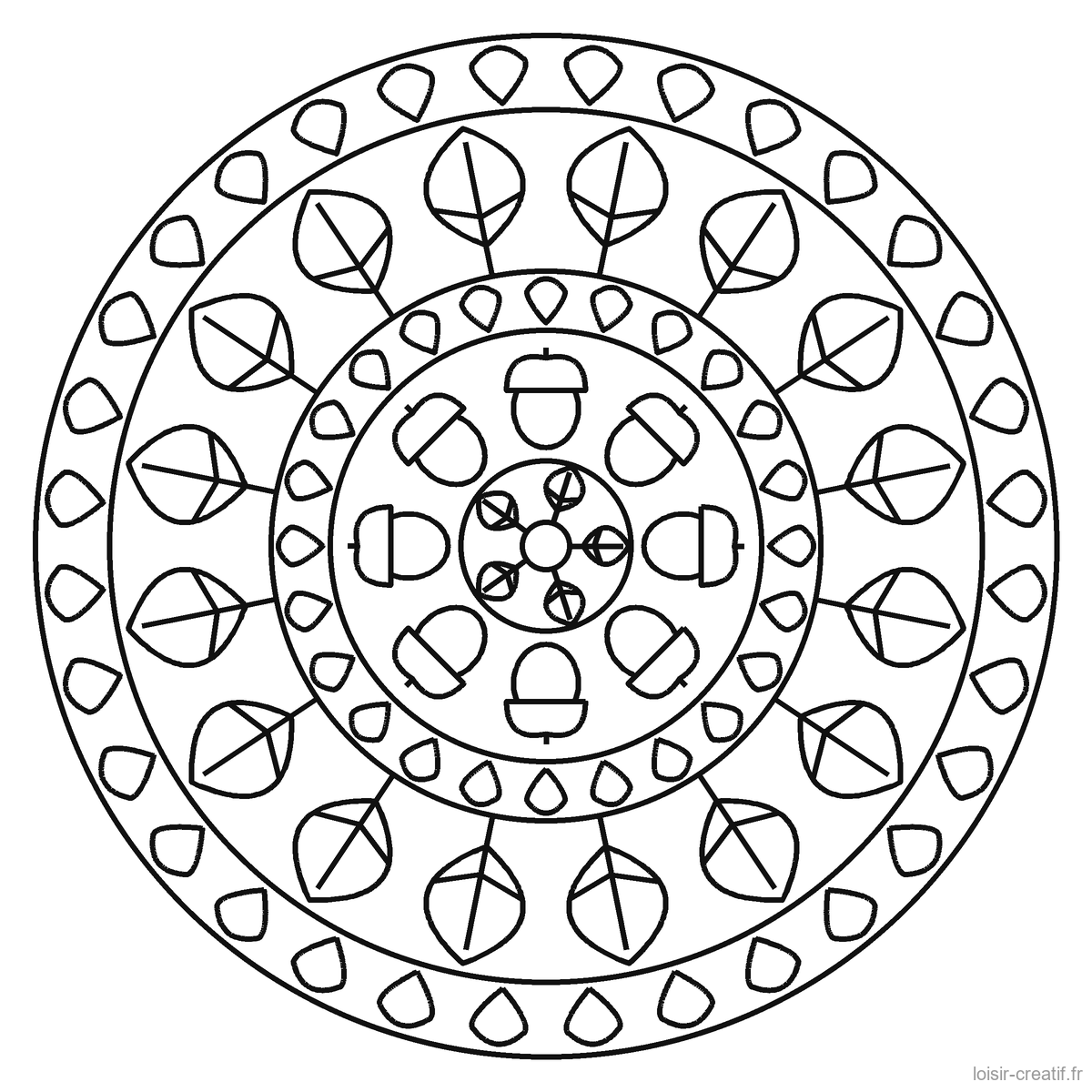 Des mandalas d'automne à colorier, et un à composer avec de vraies feuilles Mandala d’automne à imprimer n° 2, niveau facile, grandes zones : couronne de feuilles et de glands