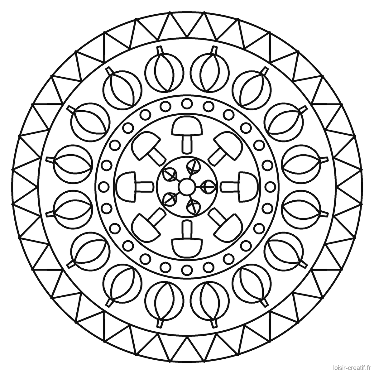 Des mandalas d'automne à colorier, et un à composer avec de vraies feuilles Mandala d’automne à imprimer n° 3, niveau facile, grandes zones : citrouilles et champignons