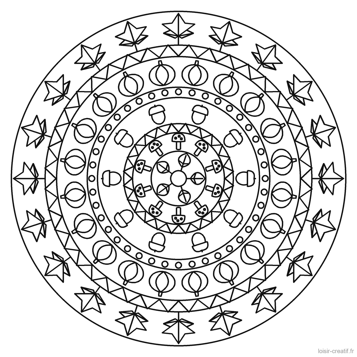 Des mandalas d'automne à colorier, et un à composer avec de vraies feuilles Mandala d’automne à imprimer n° 4, niveau moyen : feuilles d’érable, citrouilles, glands et champignons