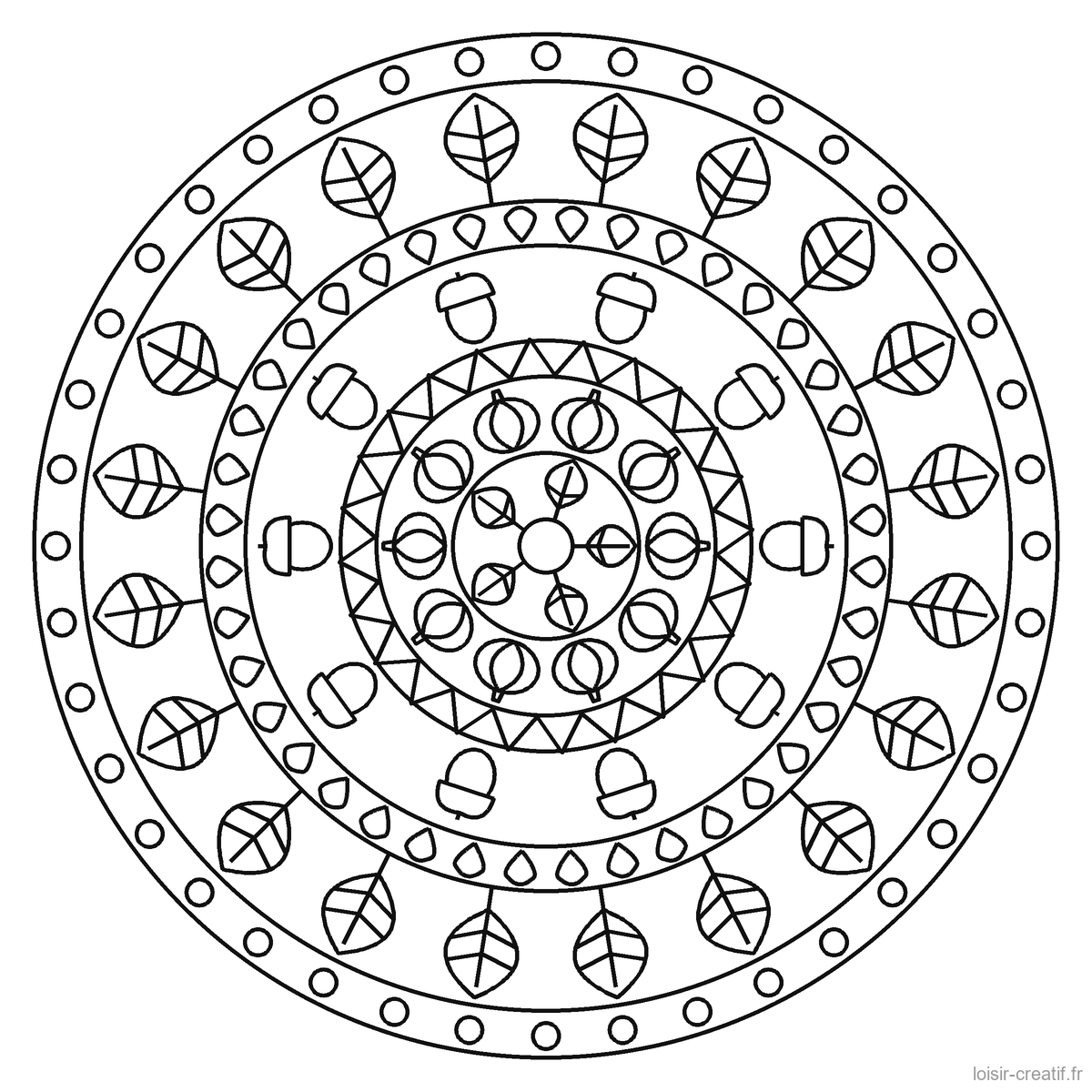 Des mandalas d'automne à colorier, et un à composer avec de vraies feuilles Mandala d’automne à imprimer n° 5, niveau moyen : feuilles et glands
