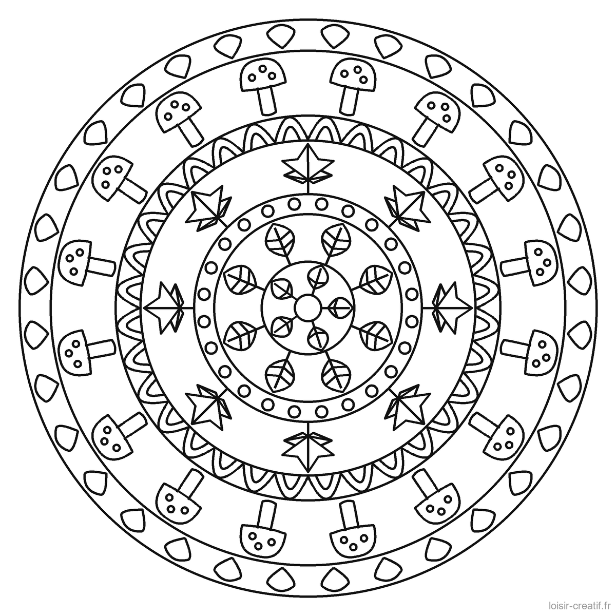 Des mandalas d'automne à colorier, et un à composer avec de vraies feuilles Mandala d’automne à imprimer n° 6, niveau moyen : champignons et feuilles d’érable