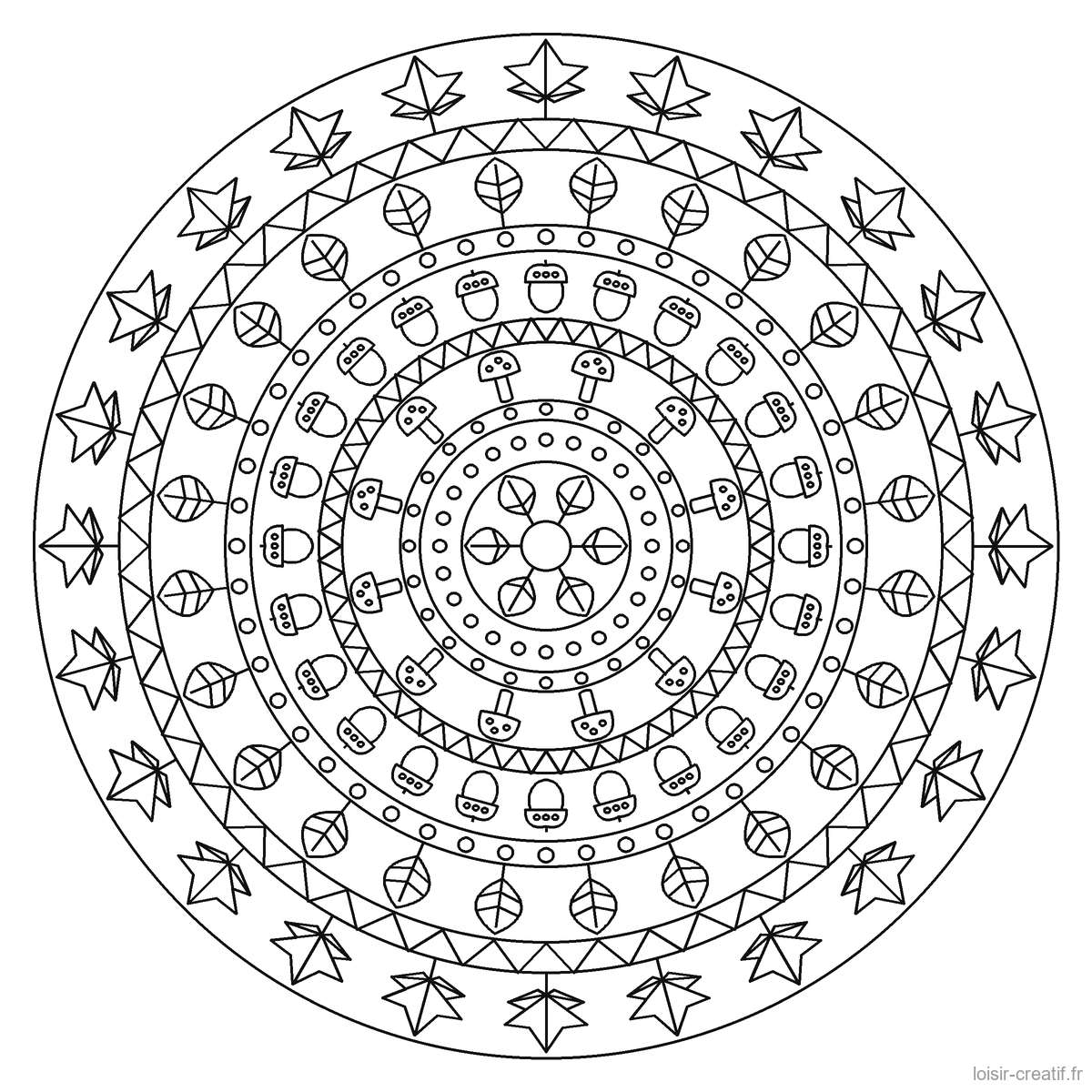 Des mandalas d'automne à colorier, et un à composer avec de vraies feuilles Mandala d’automne à imprimer n° 7, niveau difficile, motifs fins : érables, feuilles, champignons et glands