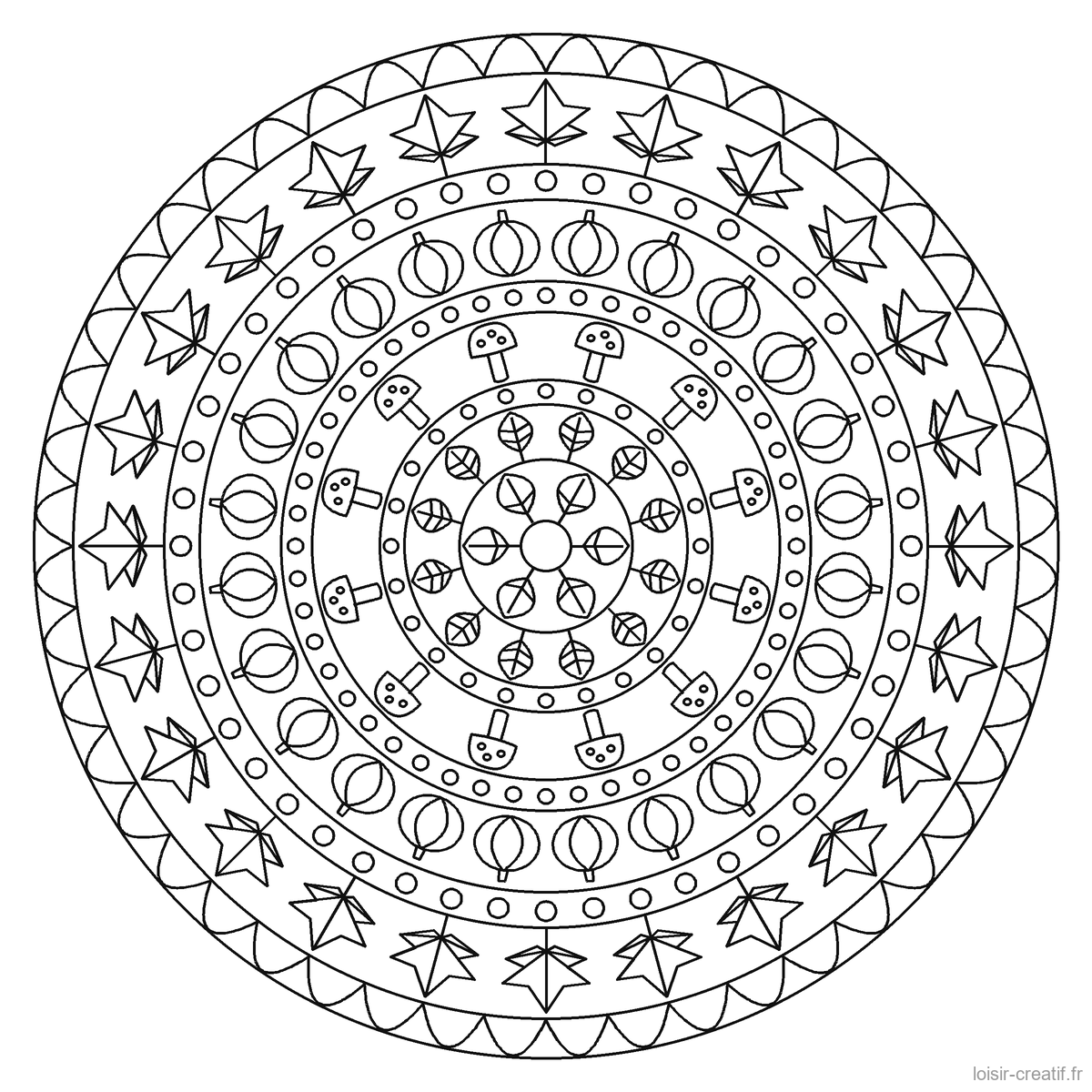 Des mandalas d'automne à colorier, et un à composer avec de vraies feuilles Mandala d’automne à imprimer n° 9, niveau difficile, motifs fins : érables, champignons et feuilles