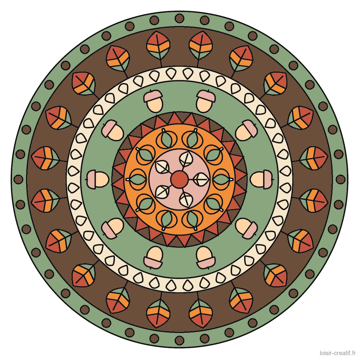 Des mandalas d'automne à colorier, et un à composer avec de vraies feuilles Mandala d'automne n° 5 colorié en rouille, orange, crème, vert sauge, rose poudré et brun
