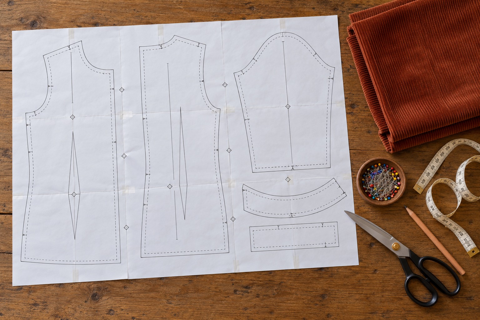 Patrons de robe gratuits : notre sélection vérifiée, du premier haut à la robe d'hiver Patron de couture PDF imprimé sur des feuilles A4 assemblées, avec du velours côtelé et des ciseaux